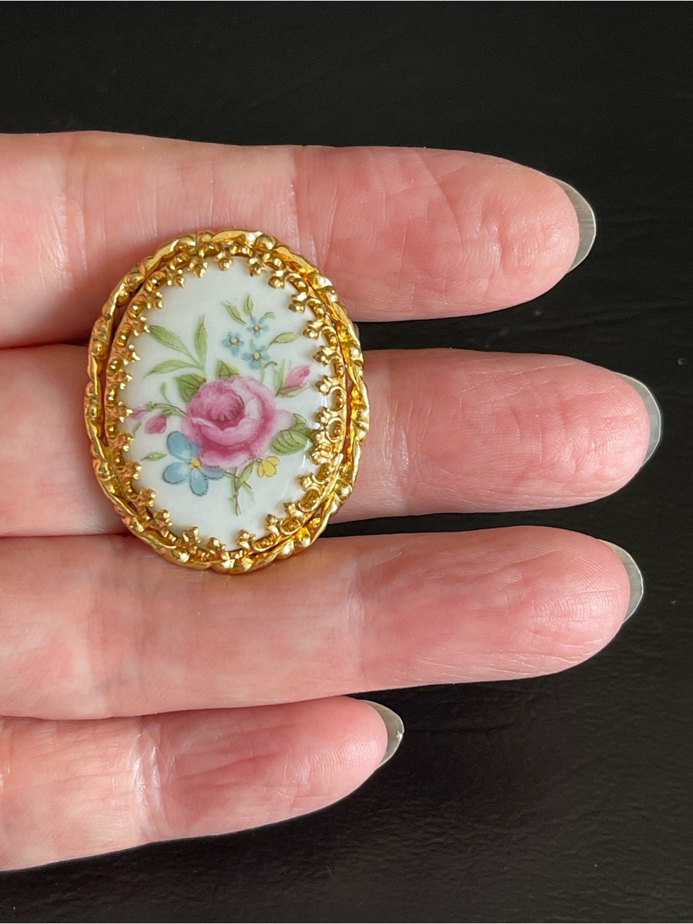 Vintage French Limoges hand painted Floral Porcelain Oval Brooch.